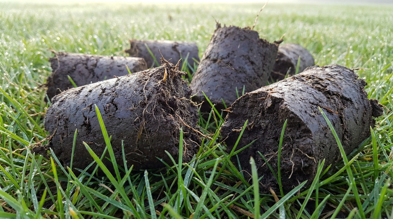 Close-up of aeration soil cores pulled from a lawn showing healthy root structure