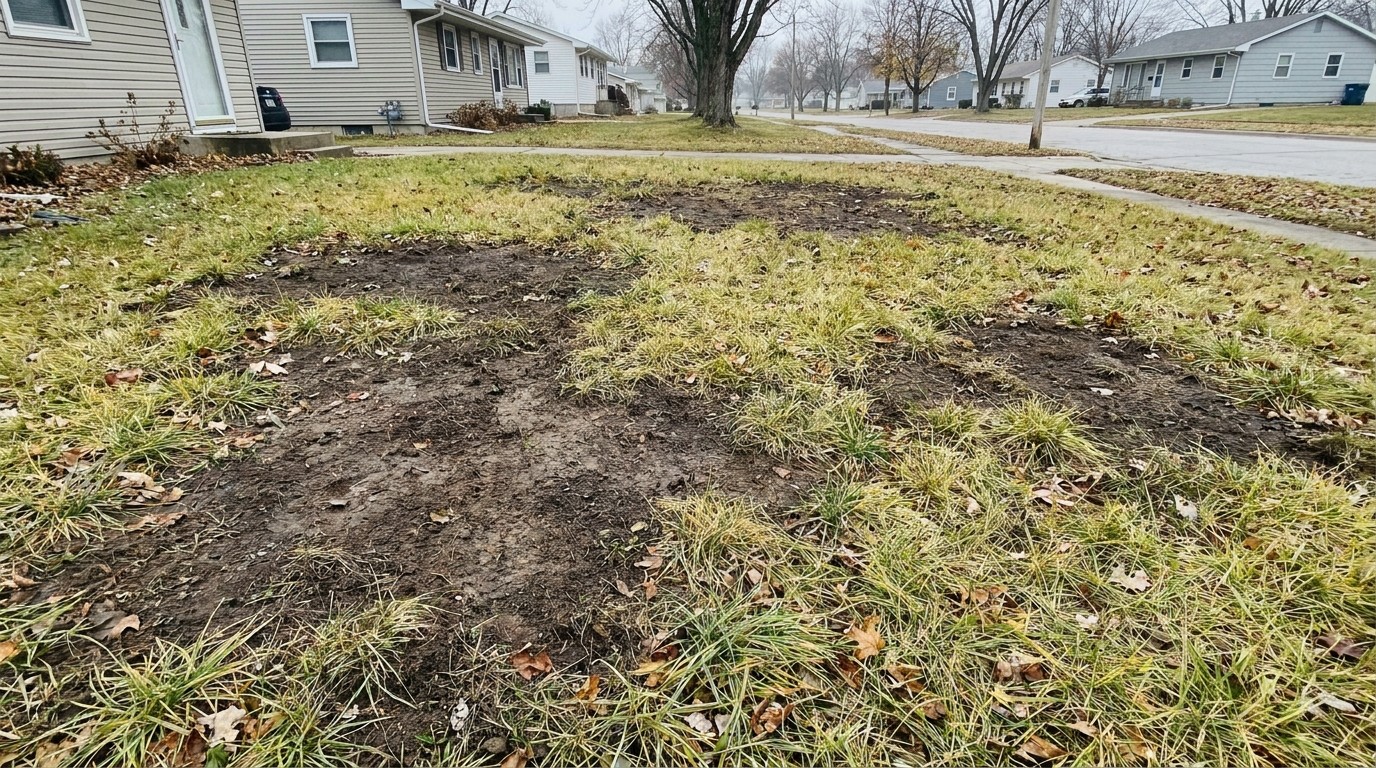 Patchy bare spots on a residential lawn in Eastern Iowa
