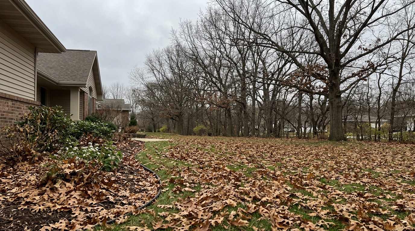 Backyard lawn covered in fallen oak leaves on an overcast autumn day in Eastern Iowa