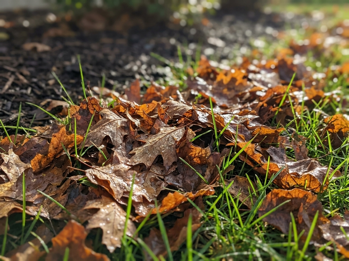 Close-up of wet matted leaves on grass in an Eastern Iowa yard