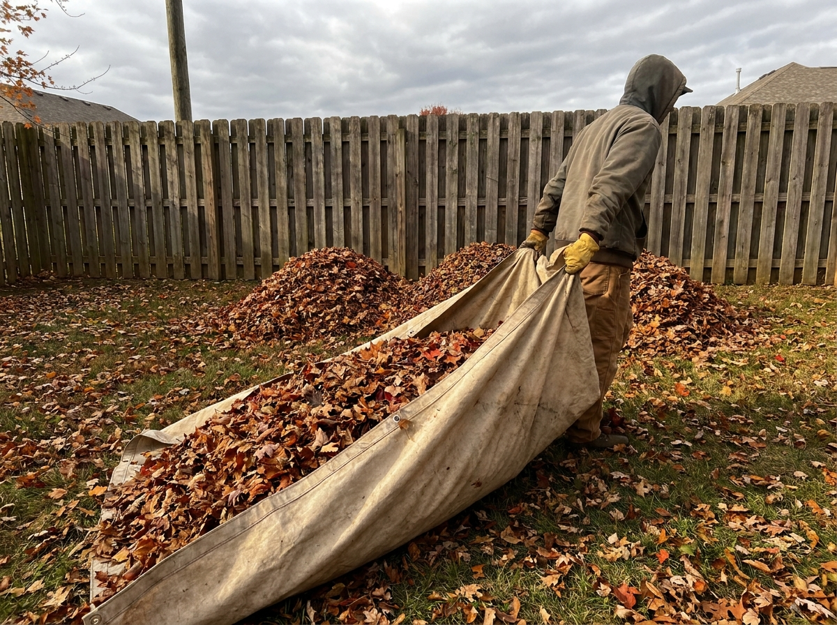 Leaf bags staged at the curb next to a mower with a bagging attachment in an Eastern Iowa driveway