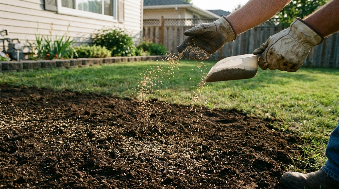Gloved hands spreading grass seed over prepared dark soil in a residential yard