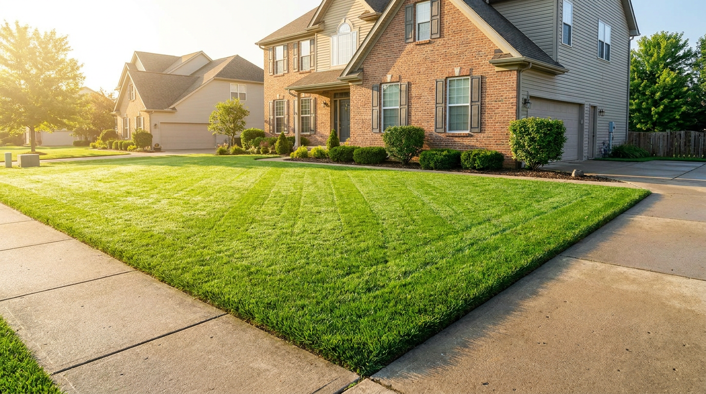 Lush thick green residential front lawn with no bare spots, Eastern Iowa