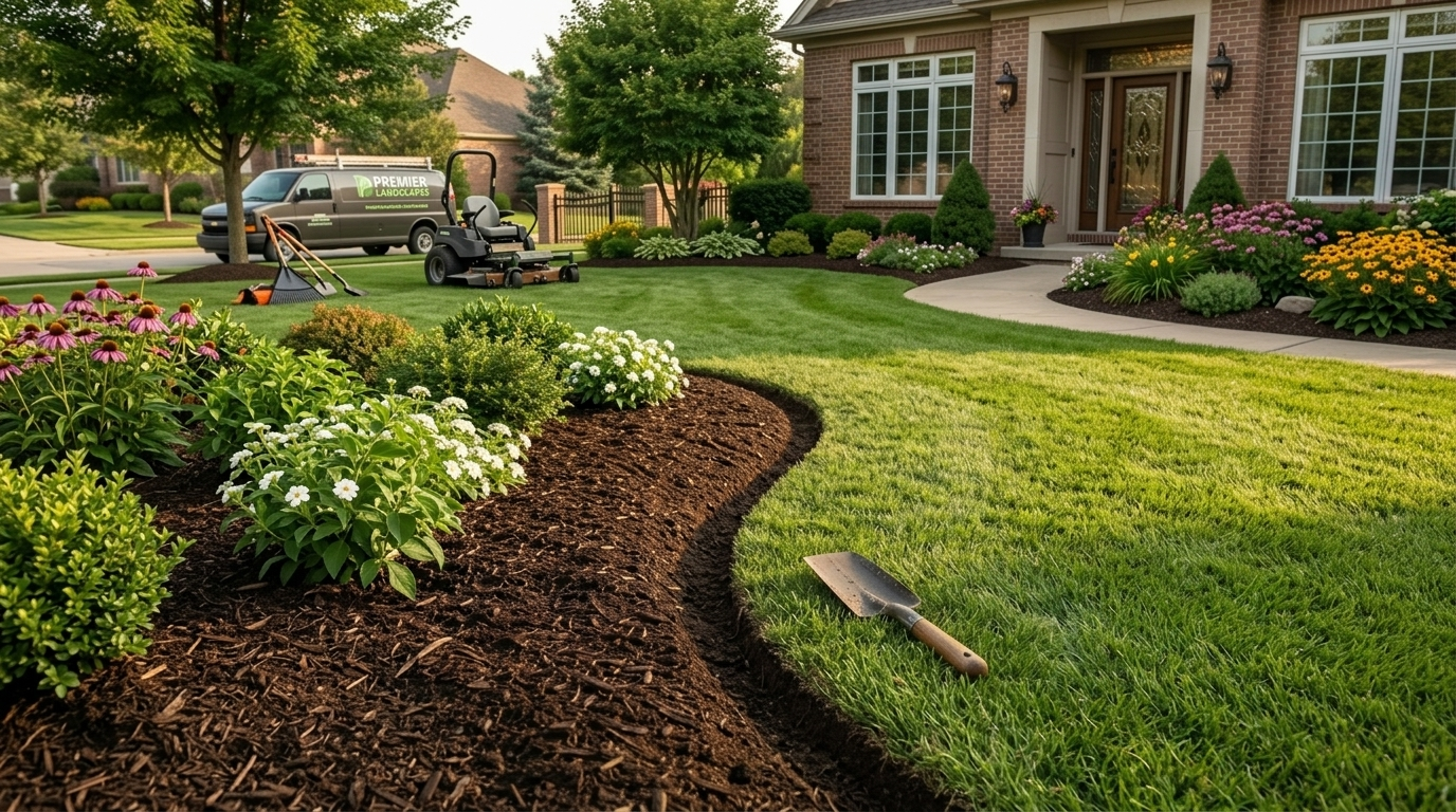 Mulch garden beds wrapping house foundation with neat shrubs in Eastern Iowa front yard