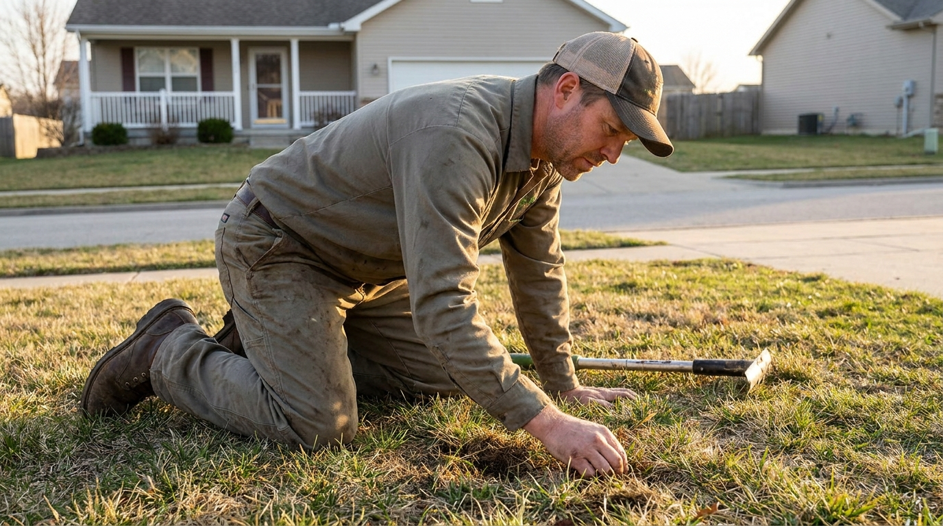 Lawn care professional examining thin patchy grass in a residential front yard