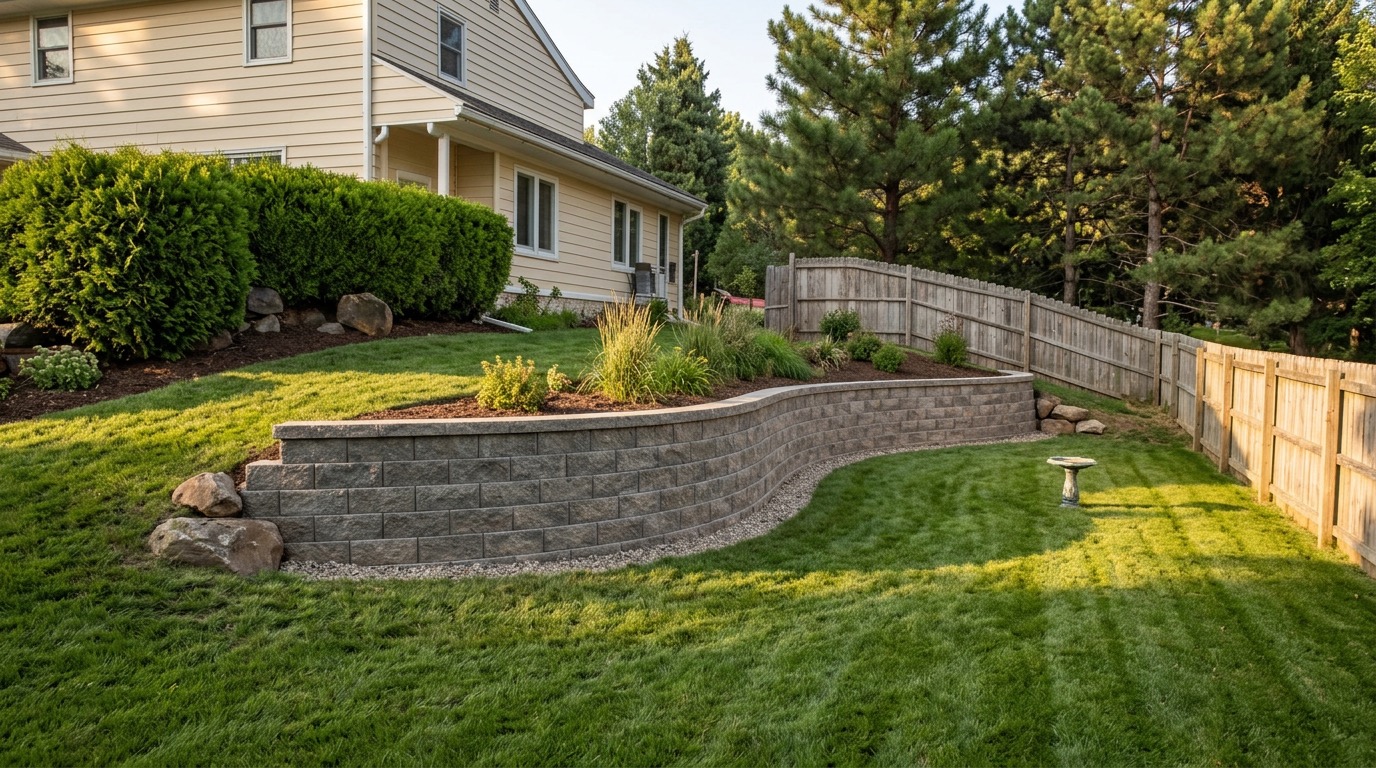 Block retaining wall holding a sloped backyard in Eastern Iowa