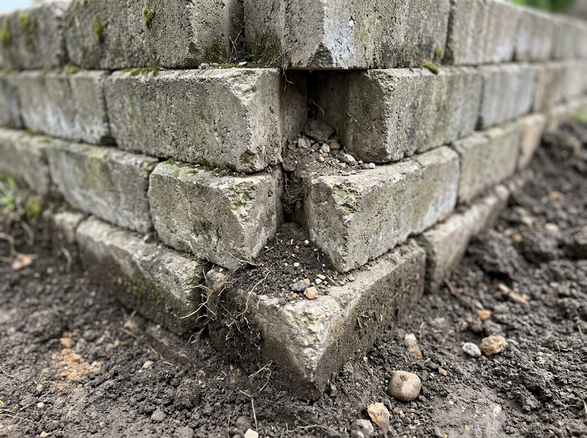 Close-up of natural stone retaining wall courses with soil visible at the base