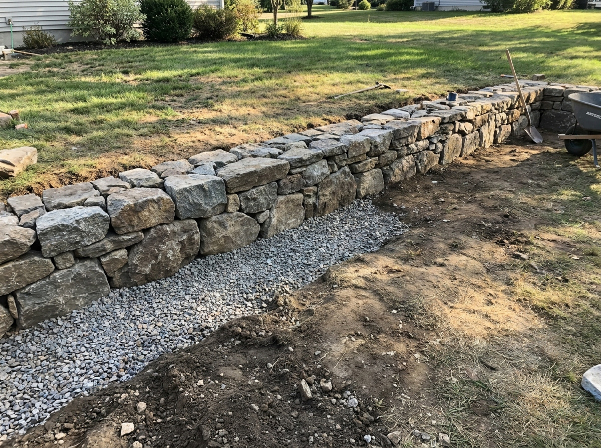 Timber retaining wall along a driveway edge with a gravel drainage strip