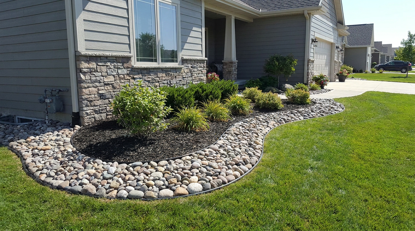 River rock border along house foundation with clean decorative stone, suburban Eastern Iowa front yard