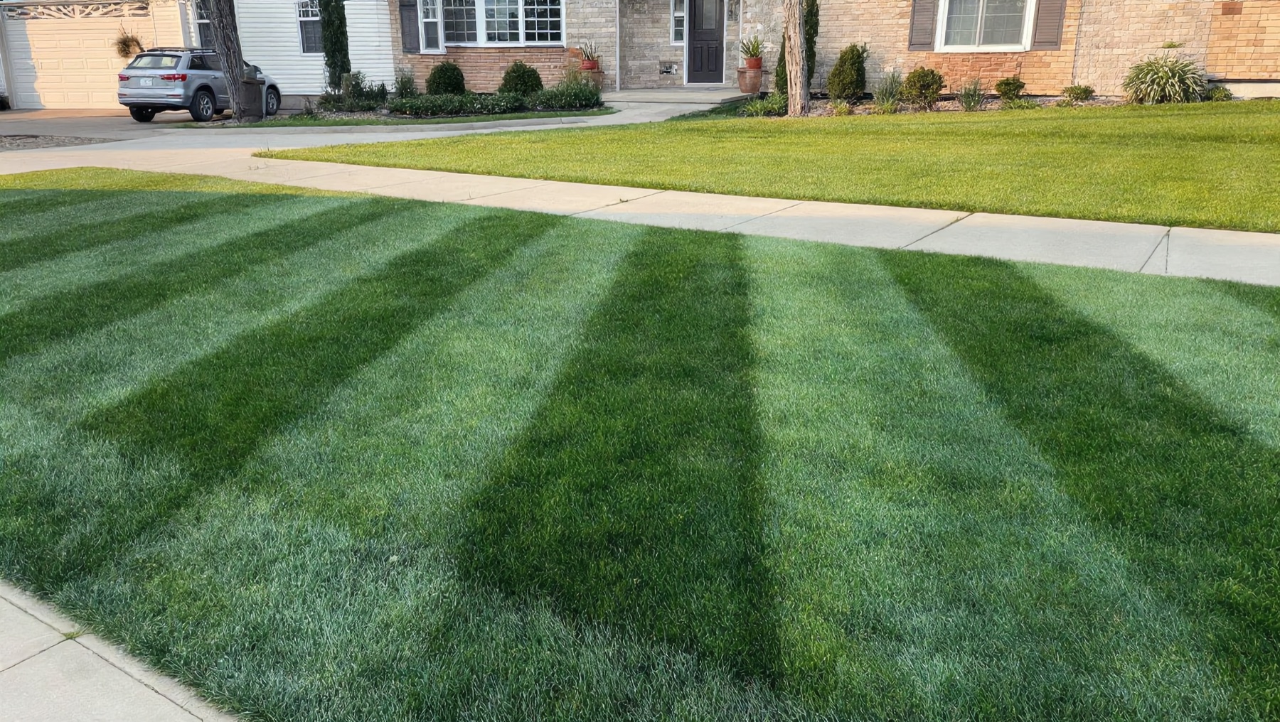 Well-maintained residential lawn in Solon, Iowa with neatly mowed grass on a clear afternoon