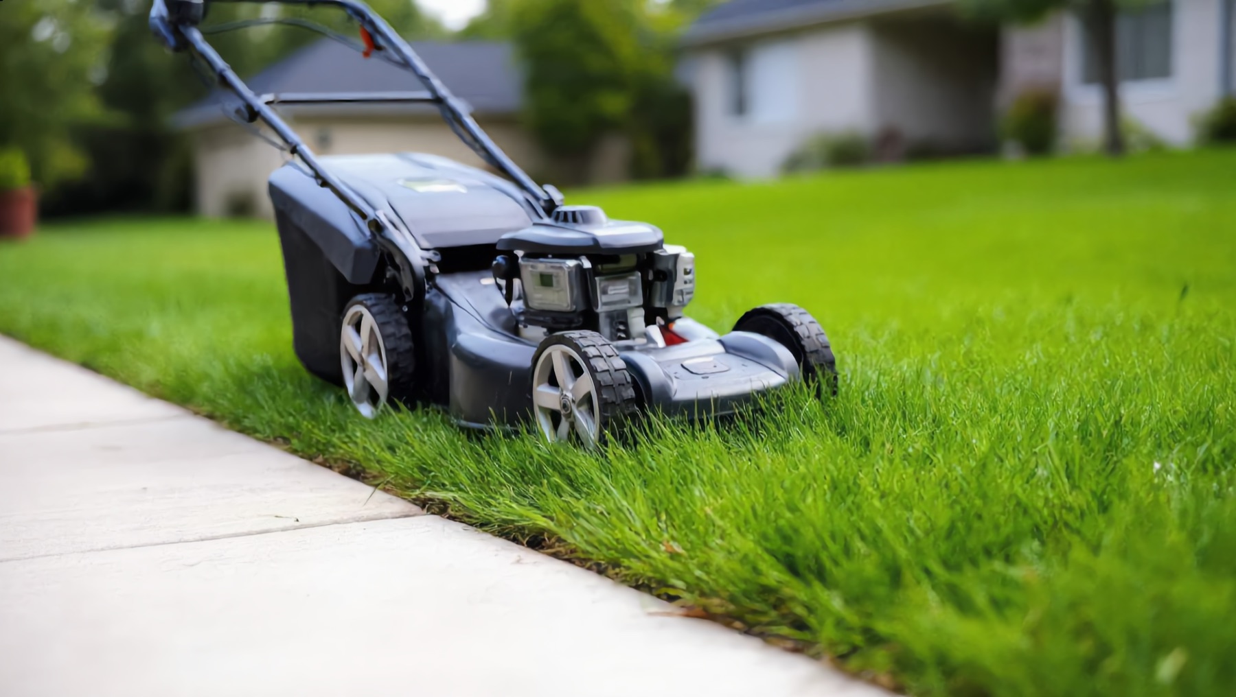 Residential lawn being mowed in an Eastern Iowa neighborhood on a summer afternoon, grass cut to proper height with clean edge along the sidewalk
