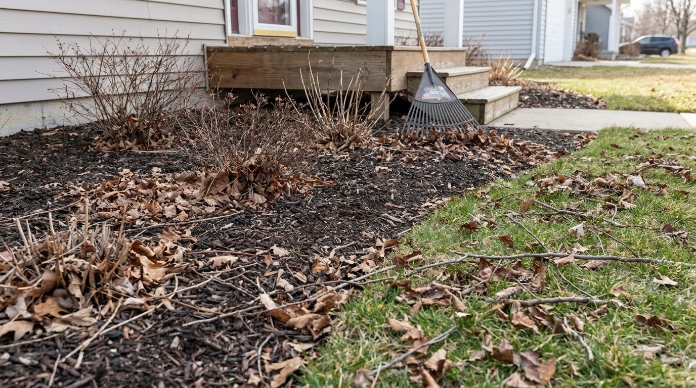 Front yard garden beds with winter leaves and a rake in early spring, Eastern Iowa