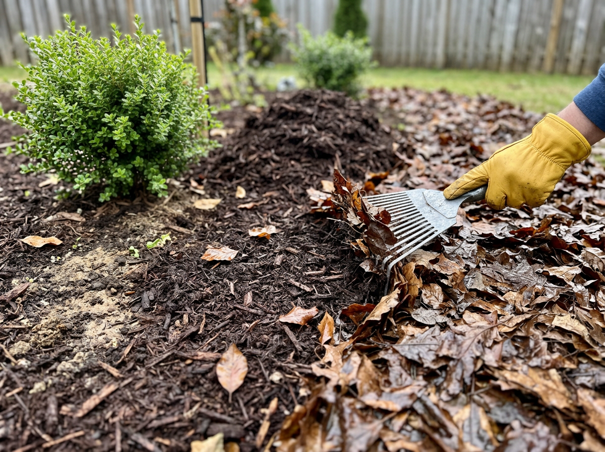 Gloved hands clearing dead leaves off a flower bed in early spring, Eastern Iowa