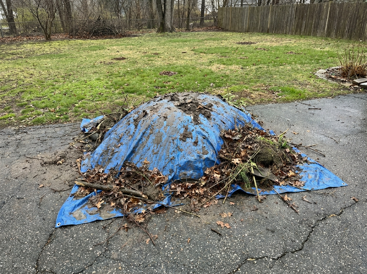 Push mower on a patchy early spring lawn with a thatch pile at the edge, Eastern Iowa